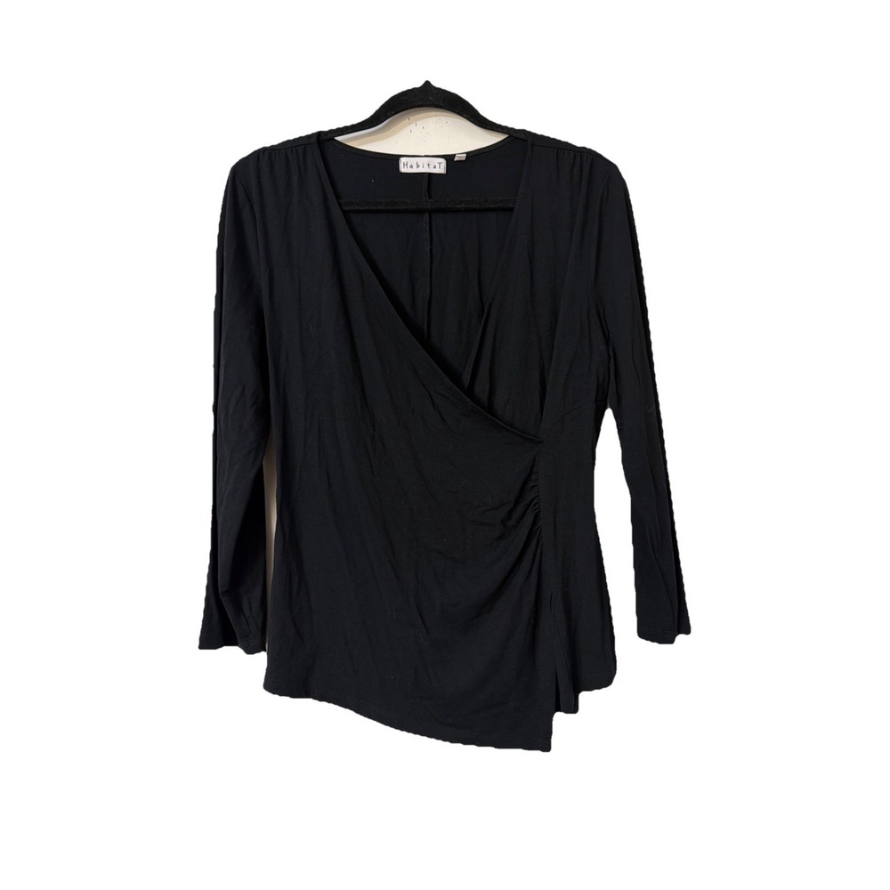 Habitat Art-to-Wear Black Long Sleeve Faux Wrap Front Blouse Top M Casual